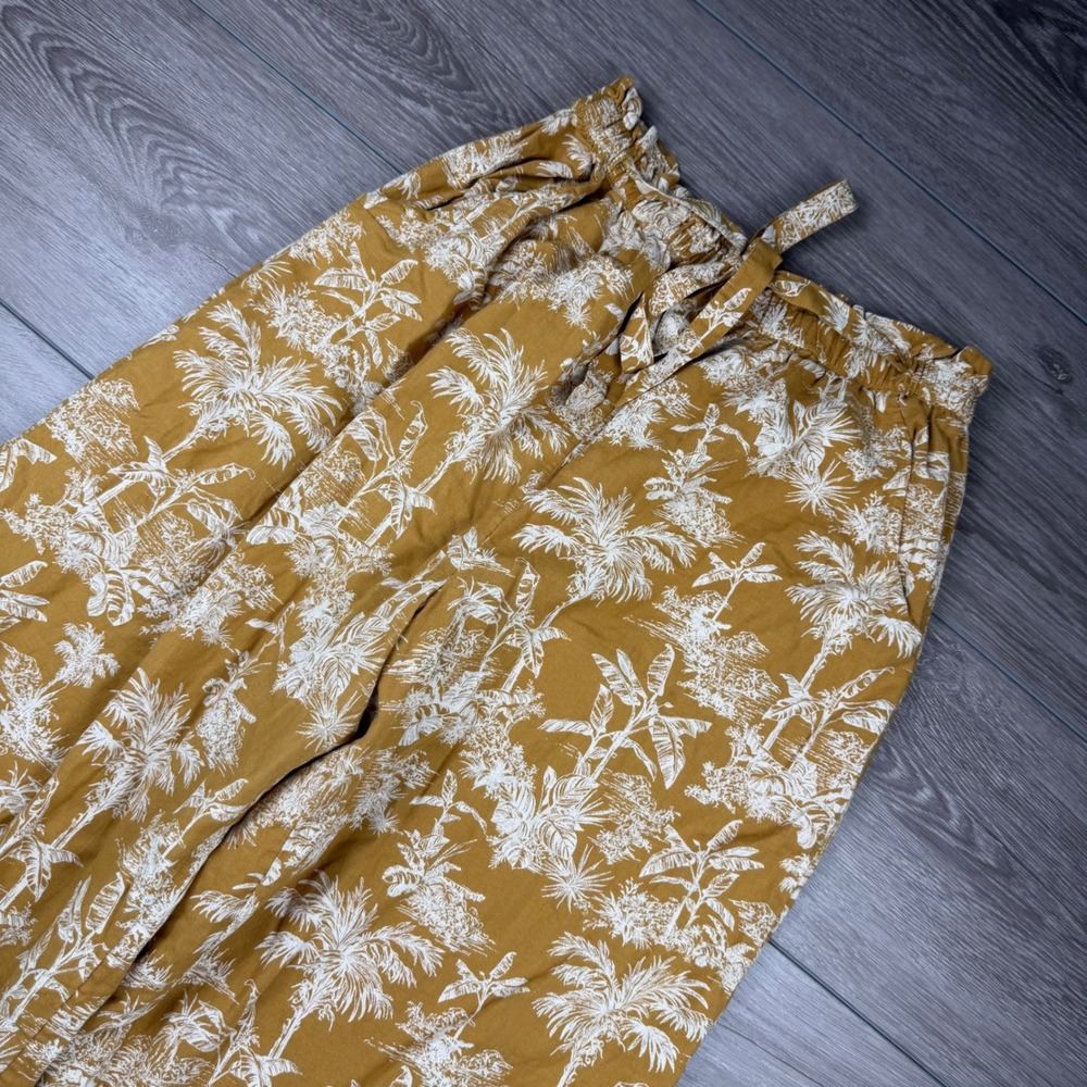 American Eagle Womens Pants Tropical Palm Print Cotton Linen Mustard Yellow L